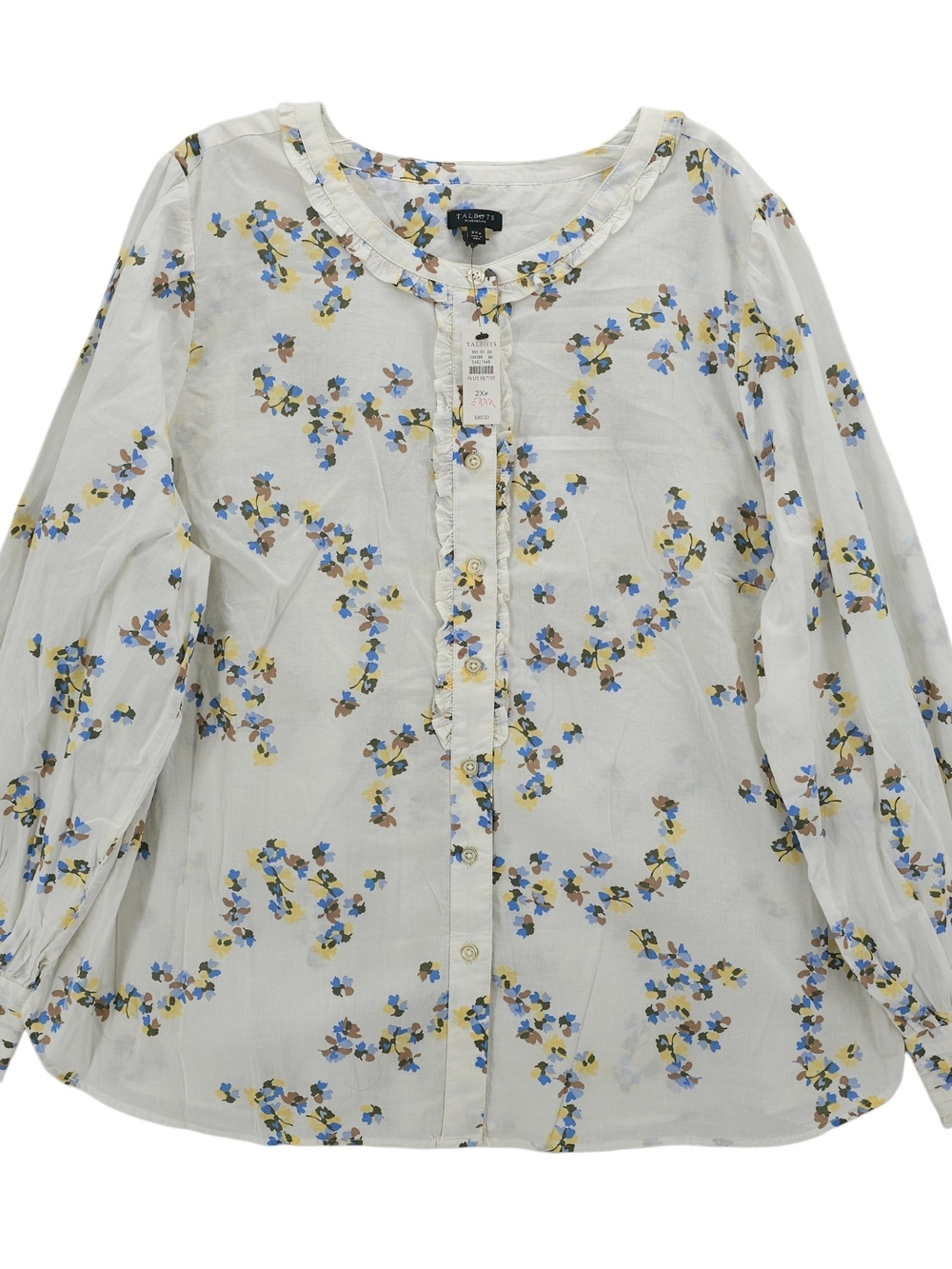 Talbots White Button-Front Blouse with Blue and Yellow Floral Print